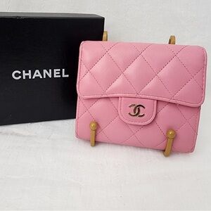CHANEL Caviar Quilted Leather Compact Wallet with Gold CC